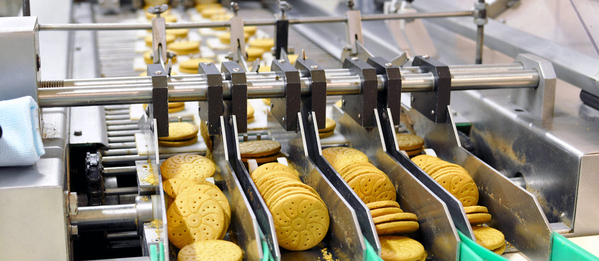 cookies being manufactured in a factory