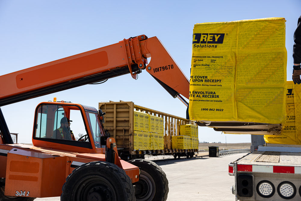 Dry wall being transloaded at Logistics Park Cedar Rapids