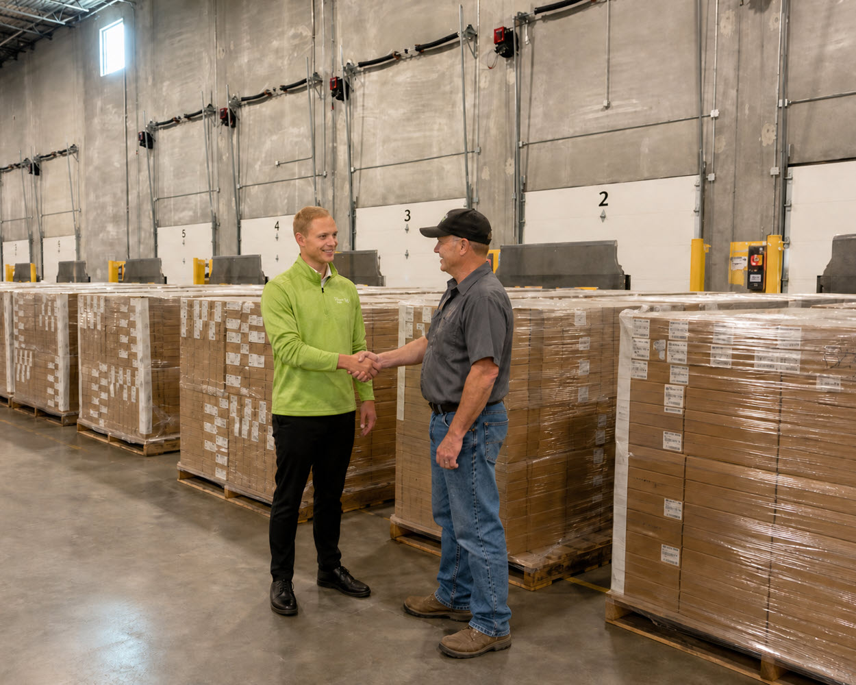 Carrier and Travero employee shaking hands in a warehouse