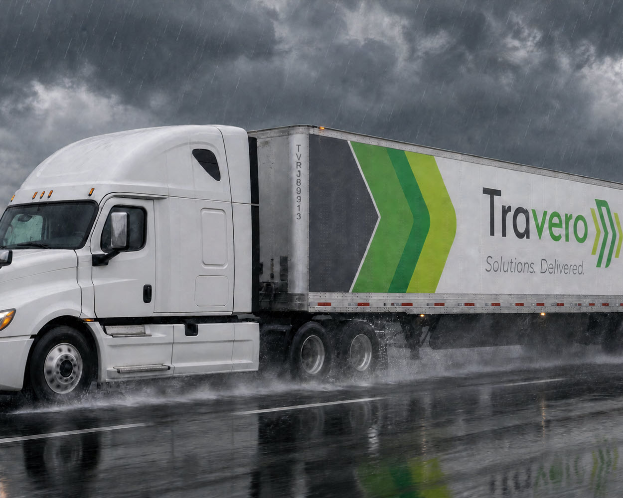 Travero truck on the road in a storm